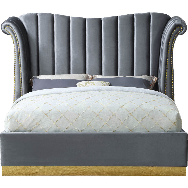 Cicero Upholstered Wingback Bed, Grey Velvet, Queen