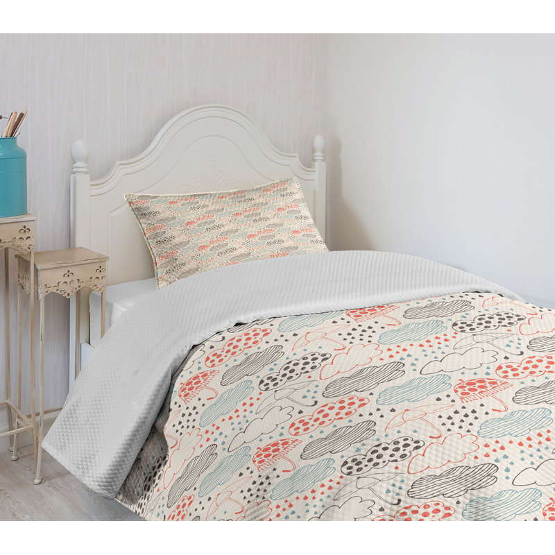 White and Multicolor Quilted Twin Bedspread Set with Pillow Sham