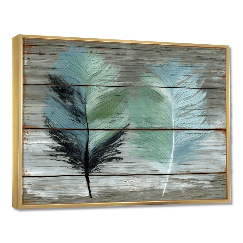 «Boho Wood Texture Feather», reproduction d'art sur toile encadrée, art mural Boho vert, H 34 po x l 44 po, Cadre flottant