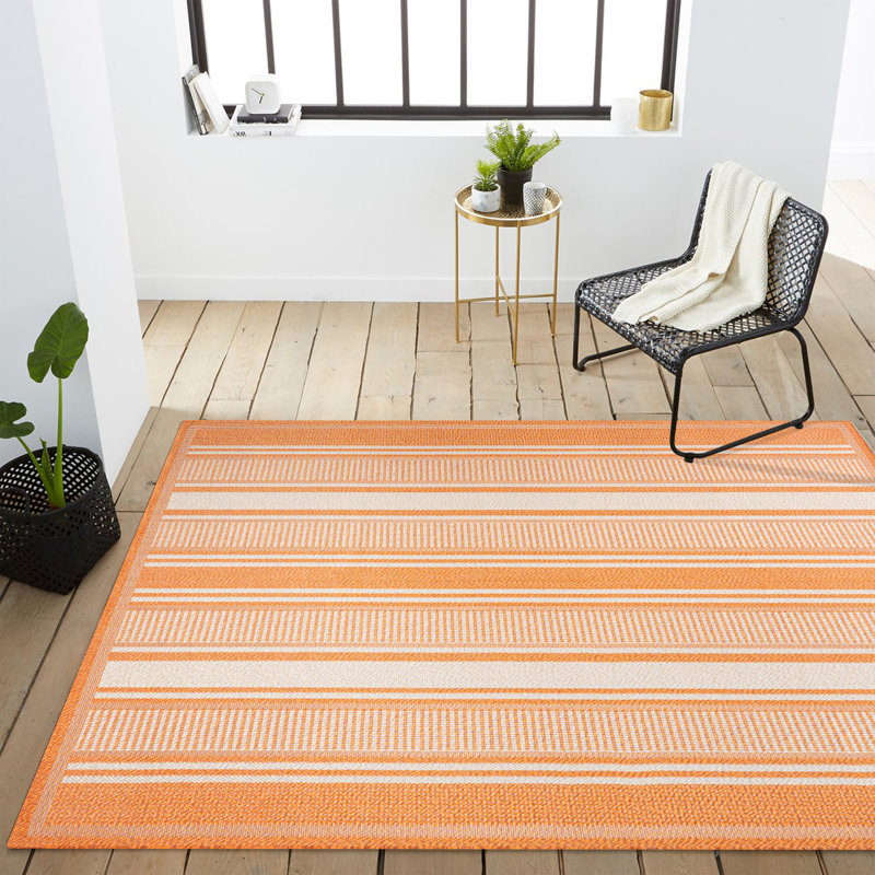 Garrettsville Modern Double Stripe Orange/Cream Indoor/Outdoor Rug, Rectangle 7'10" x 10'