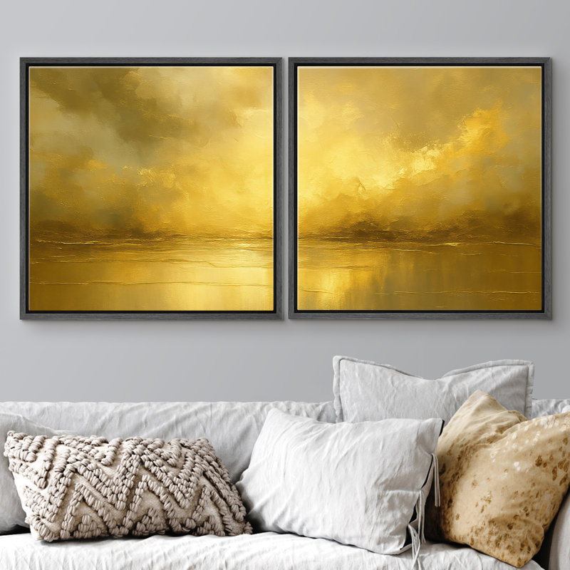 «Radiant Gold Horizon Modern Luxe», ensemble de 2 reproductions d'art mural encadrées, H 24 po x l 24 po, Cadre flottant noir