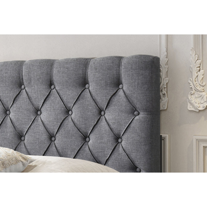 Lit plateforme tapissier touffeté, gris, Très grand
