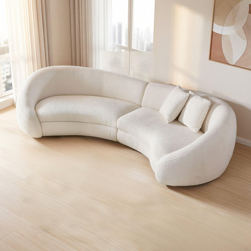 Modern Corner Curved Sectional Sofa, Beige Boucle Upholstered, C-shaped Design, 125'' Living Room Couch , White