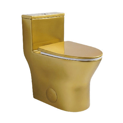 Toilette compacte une pièce de 24,8 po de couleur dorée satinée Los Flexi, cuve allongée, hauteur confortable ADA de 18 po, système de chasse à tourbillon sans rebord 1,0 / 1,28 GPF, siège à fermeture douce, installation brute de 12 po
