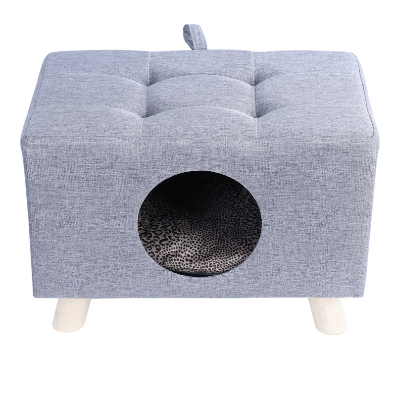 Gray Wood Pet House Bench with Cushion and Mat