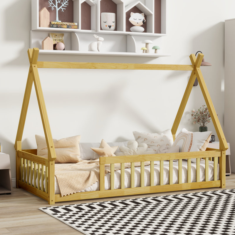 Lit simple en forme de tente Sailvan, lit tipi avec garde-corps, lattes, Naturel