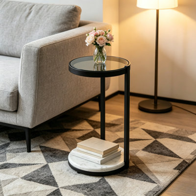 Modern Slim C-Shaped Decor Side Table, Double Tier Round Sofa End Table with Glass Tabletop, White Marble Base and Black Metal Frame for Bedroom & Liv