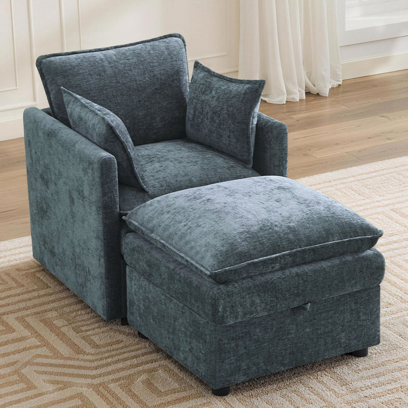 Upholstered Accent Chair + Storage Ottoman Set – 2-Piece with Hidden Compartments, Blue