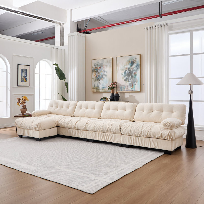 Canapé modulaire modulaire avec nuage, canapé modulaire en forme de L pour le salon, canapé modulaire à assise profonde avec accoudoirs ronds, 6 coussins, canapé moderne en flanelle à 4 places pour la chambre à coucher