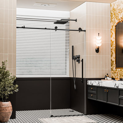 Porte de douche coulissante sans cadre, 112-122 cm (L) x 193 cm (H), verre trempé transparent de 8 mm, facile à nettoyer et hydrofuge, pour douche à l'italienne, noir mat