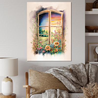 Été coucher de soleil floral fenêtre III - ferme fenêtres, reproduction sur toile
