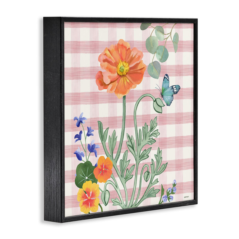 «Gingham Garden Poppy», art de la giclée encadrée par Levison Design, H 12 po x l 12 po, Giclée encadrée noir minuit