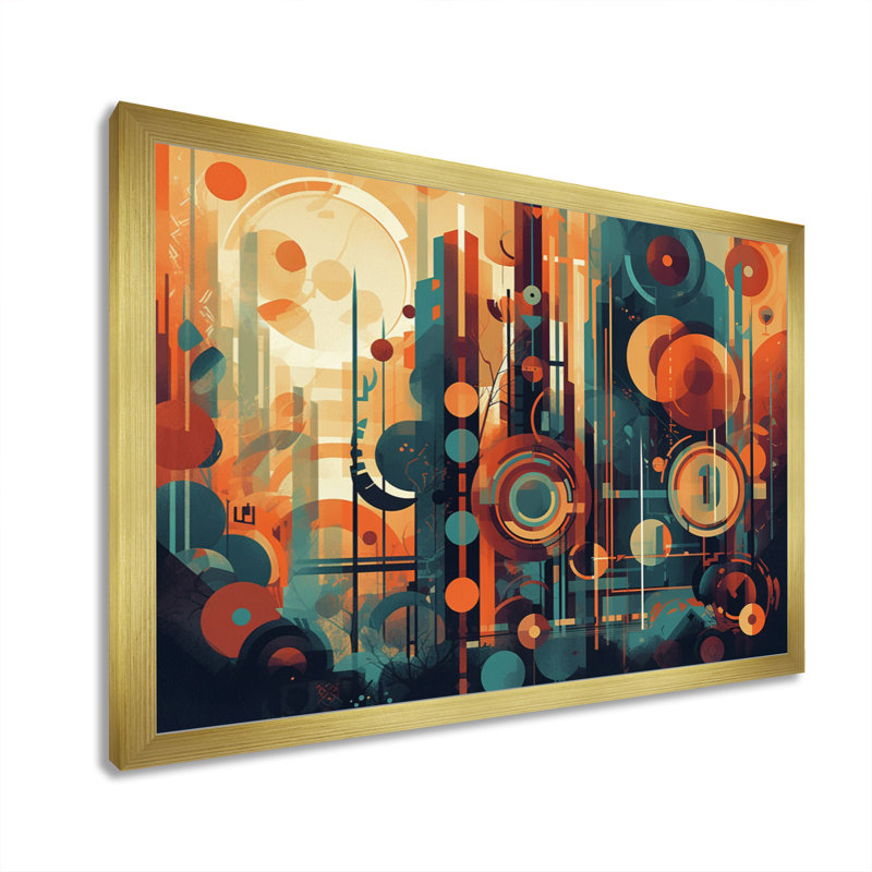 Braxtyn orange et bleu abstrait nostalgie II - art abstrait Mid-Century, Cadre doré simple, H 34 po x l 44 po x P 1,5 po