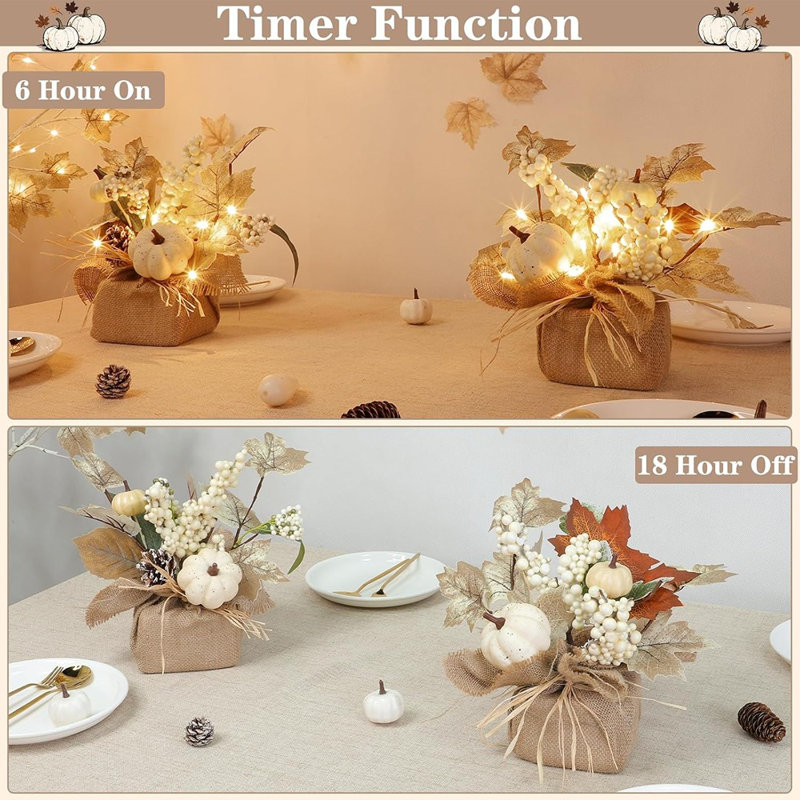 Fall Decor 2 Pack 11 Inch Tabletop Maple Tree Fall Decorations For Home, Lighted Fall Tree With 20 Leds Battery Powered Leafed Pumpkin Cones Berry Halloween Thanksgiving Decor