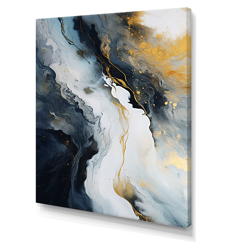 Or et bleu, peinture abstraite sur marbre III - décoration murale en marbre, Toile tendue, H 60 po x l 40 po x P 1,5 po