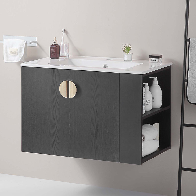 Meuble-lavabo de salle de bain avec lavabo, 2 portes et tablette de rangement ouverte, Noir