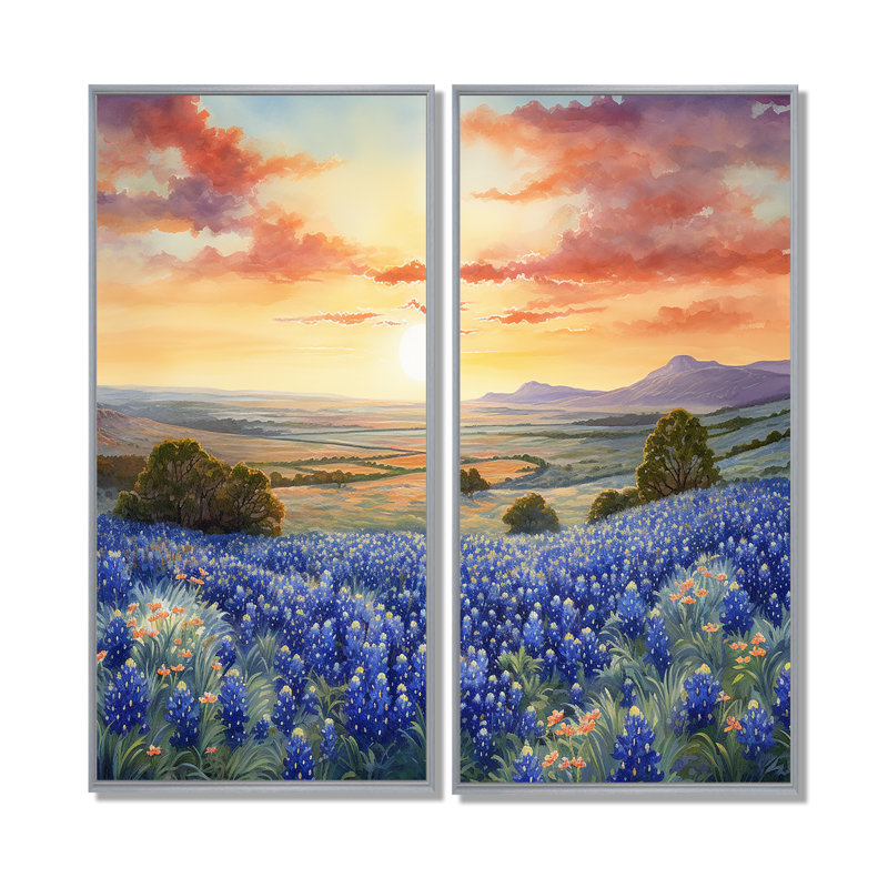 Blue Bonnets Sunset II - Blue, reproduction d'art traditionnel sur toile à 2 panneaux, H 32 po x l 32 po, Argent argent