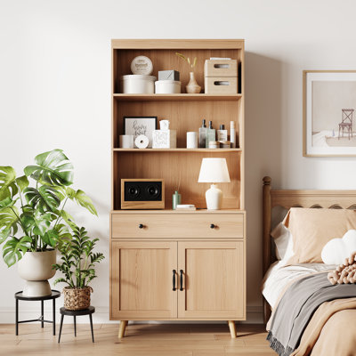 Tall Wooden Storage Cabinet Bookcase with Doors and Drawer – Freestanding Display Bookshelf with Upper Storage – Perfect for Living Room, Bedroom, Home Office, Kitchen – Tall