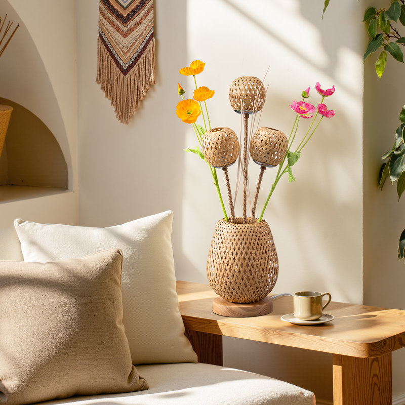 22.8" Floral Table Lamp with Handwoven Bamboo Shade and LED Bulb
