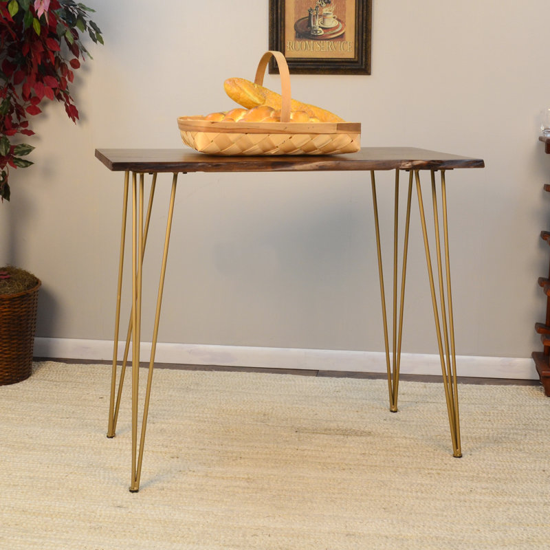 Acacia Rectangular Wood Top Dining Table with Iron Base, 91.44cm H x 106.68cm L x 55.88cm W, Elm, Gold