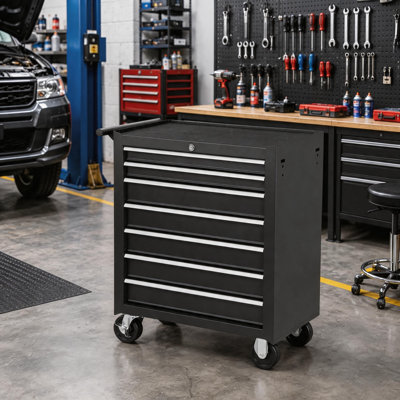 Armoire à outils noire verrouillable à 7 tiroirs avec rangement à roulettes pour garage et atelier