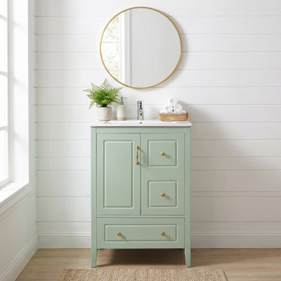 24" Bathroom Vanity With Ceramic Sink, Solid Wood Frame, 3 Drawers & 1 Cabinet Door, Fresh Light Green Finish, Soft-Close Hardware