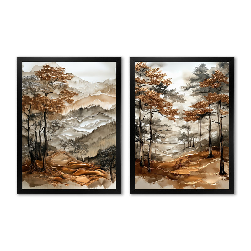 Montagnes dorées d'automne - Pin arborescent, 2 impressions encadrées, 32" H x 48" W, Black Picture Framed