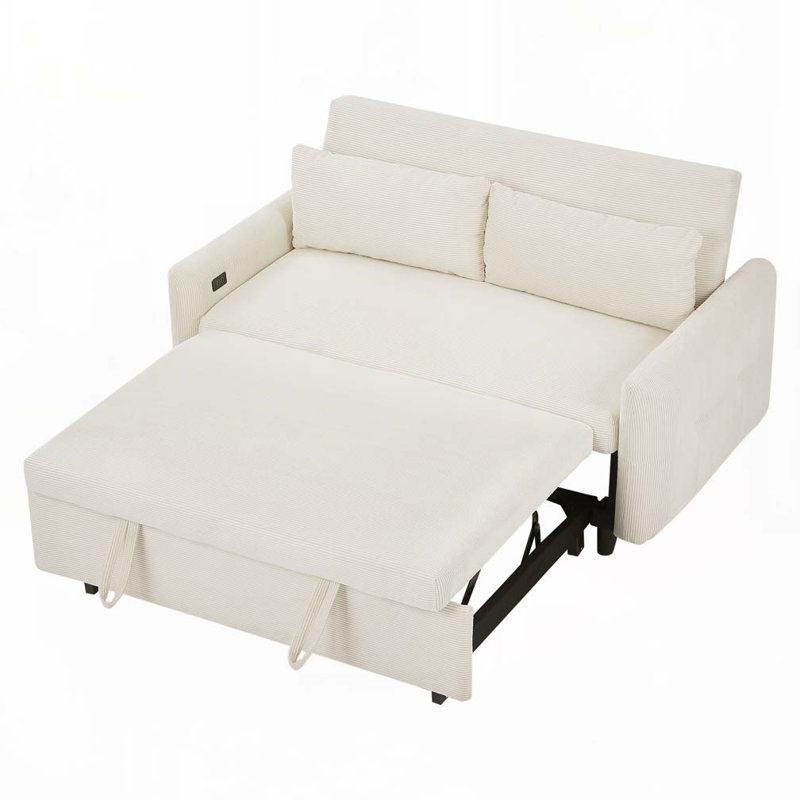 Canapé-lit convertible 2 places 57,48 po avec 2 causeuses et 2 ports USB, Beige