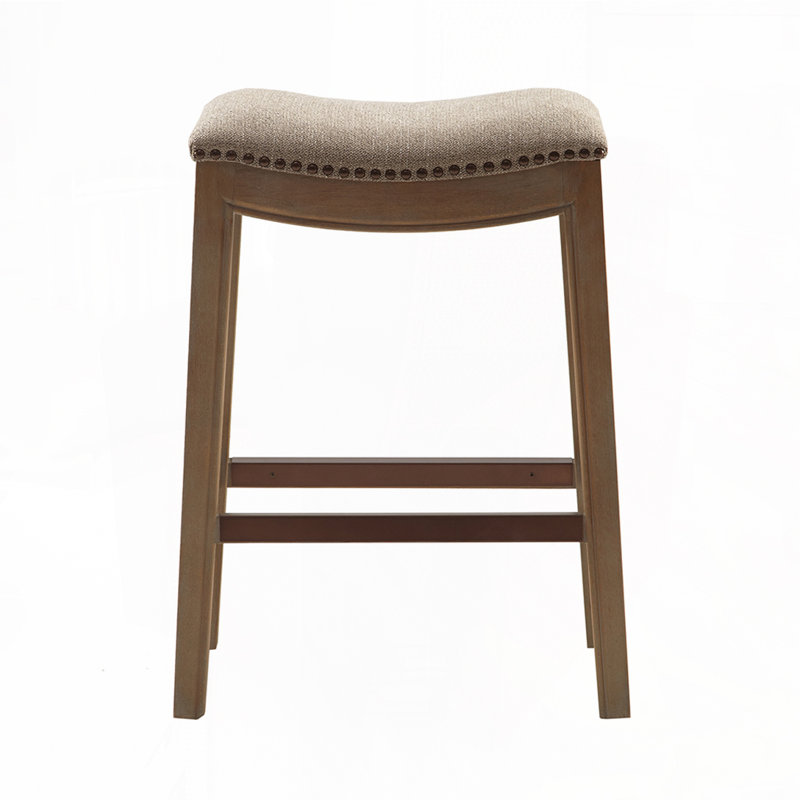 Tabourets de bar rembourrés en polyester sans dossier et tête cloutée, Beige, Naturel