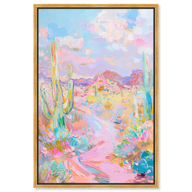 Toile de paysage rose et bleu sarcelle par Art Remedy, H 16 po x l 11 po, Cadre flottant, Doré