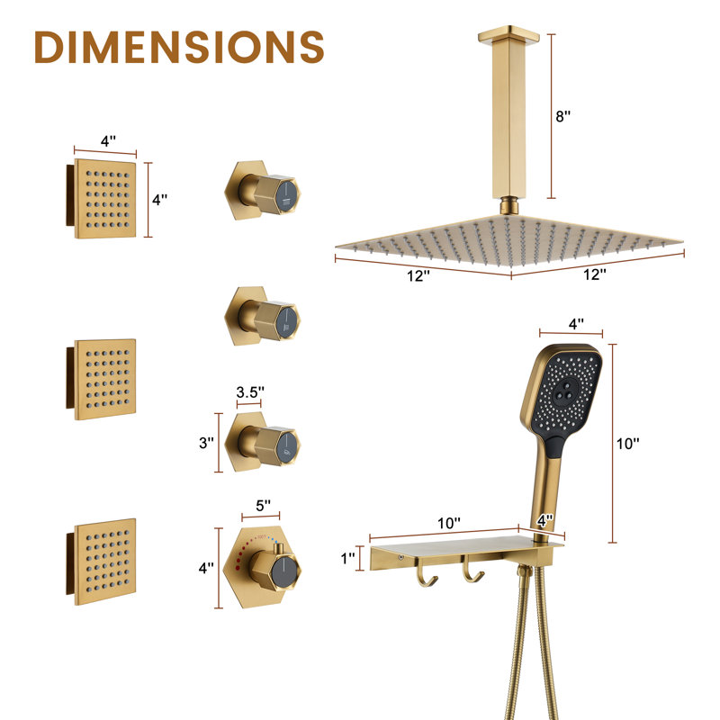 12”Ceiling Mounted Thermostatic Rainfall Shower System with 3 Body Jets and Storage Shelf, Brushed Gold