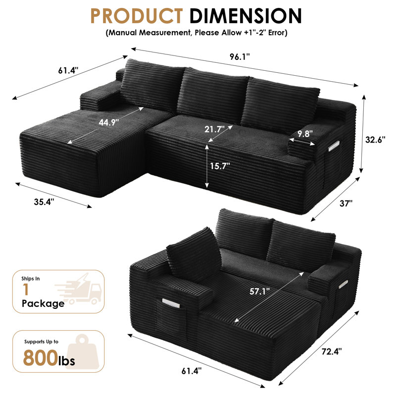 Canapé modulaire en forme de L de 96 po pour canapé modulaire Boneless, Velours côtelé noir, Face à la gauche