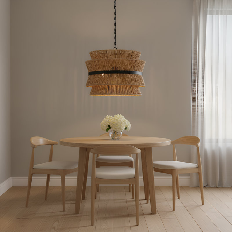 Luminaire suspendu pour salle à manger 4 lumières Thurlo au fini noir minuit avec abat-jour en corde Abaca naturel