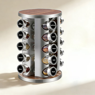 Rangement rotatif à épices avec 20 pots en verre, tour en acier inoxydable à 360 degrés pour le comptoir ou l'armoire de la cuisine, comprend des étiquettes réutilisables et un entonnoir