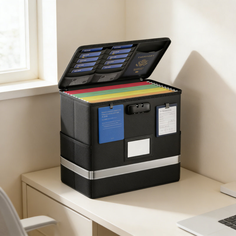 Fireproof File Box 12.2''X6''x10.2'' Black Document Storage Organizer With Lock Collapsible Reflective Strip