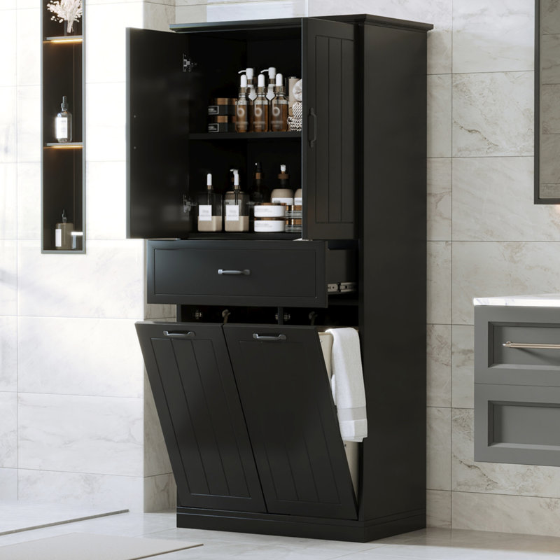 Bathroom Storage With 2 Laundry - Black Finish & Functional Design Cabinet Doors Large Capacity, Black