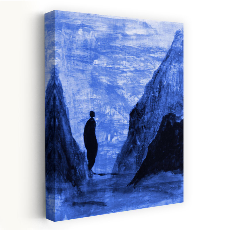 «Lone figure Blue Mountains», art dramatique abstrait de montagne, paysage dramatique, 18" H x 12" W