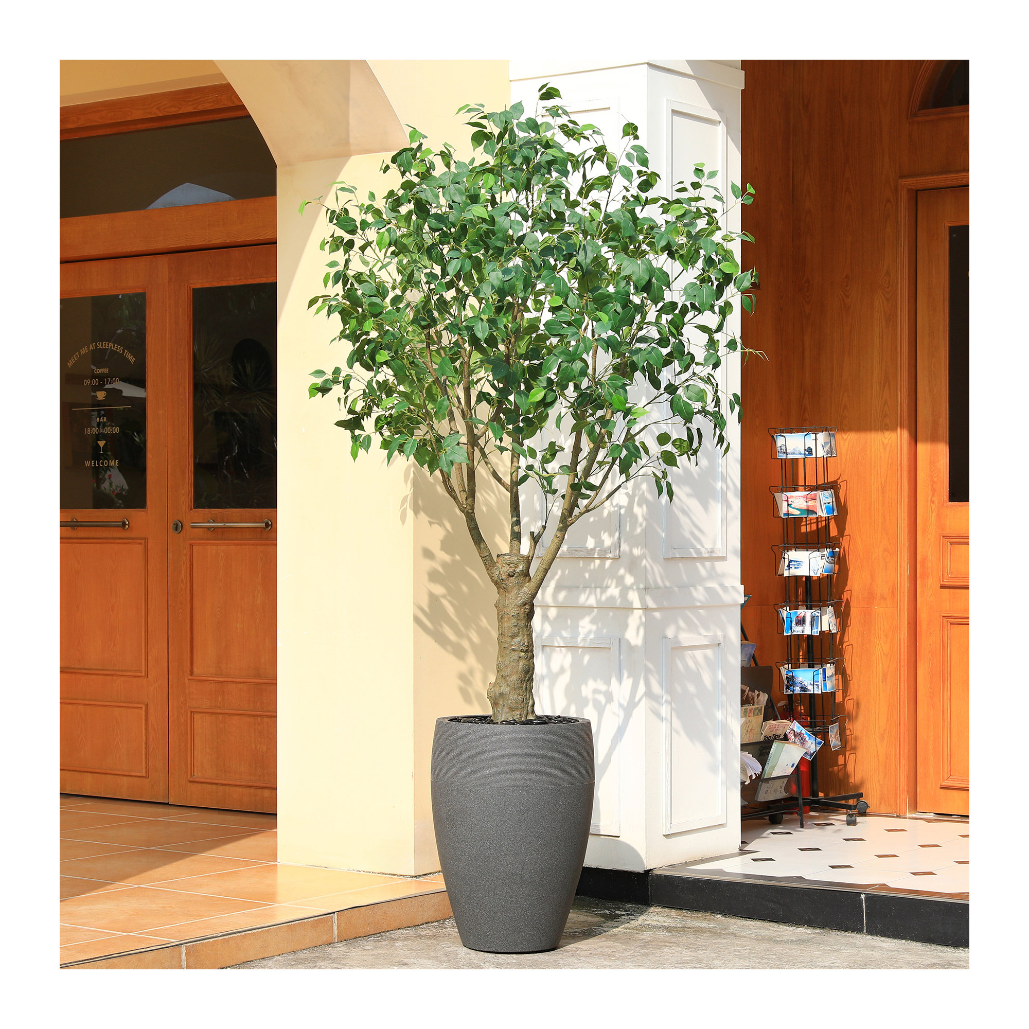 Adcock 8ft UV Resistant Artificial Ficus Tree with Grey Tall Planter, Faux Ficus Tree Outdoor Decor