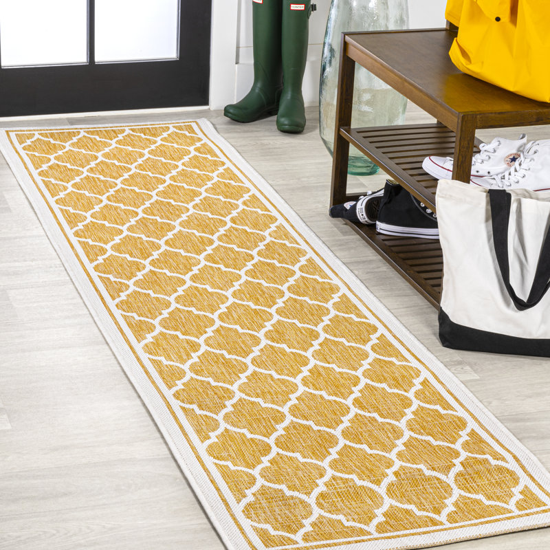 Trebol Moroccan Trellis Textured Weave Yellow/Cream Indoor/Outdoor Rug, Runner 2'2" x 8'