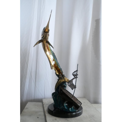 Leaping Marlin with Sailboat Bronze Sculpture 18"x18"x35"H