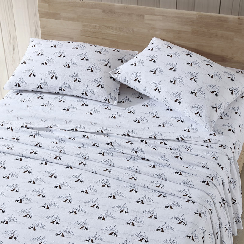 Ensemble de draps 100% coton 200 fils, Ensemble de draps pour grand lit avec 2 taies d'or, Blanc avec motif de chiens