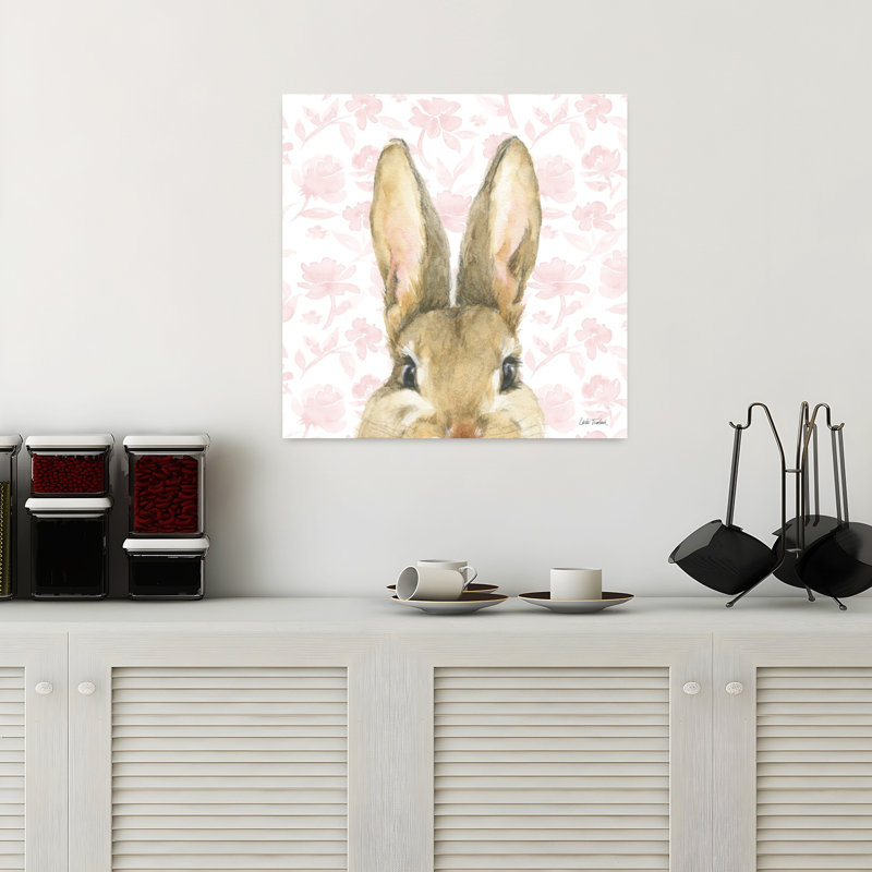 Art contemporain avec des lapins de jardin et des animaux roses, H 18 po x l 18 po