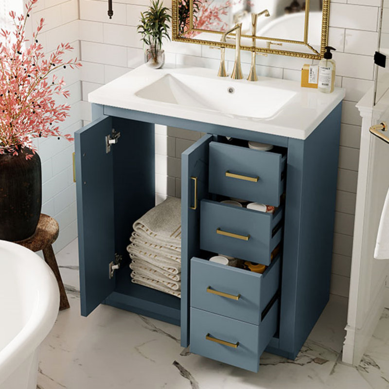 Ensemble de meuble-lavabo 30 po avec lavabo en céramique, armoire de rangement en bois massif, ensemble de meuble-lavabo autoportant avec 3 tiroirs et portes à fermeture douce, meuble-lavabo