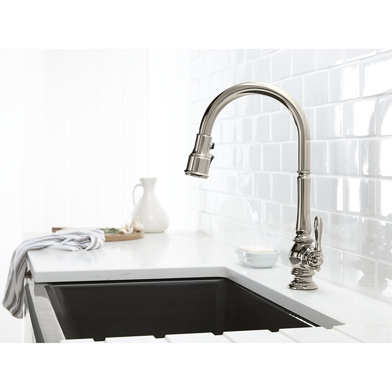 Artifacts® Pull Down Single Handle Kitchen Faucet, Vibrant Polished Nickel