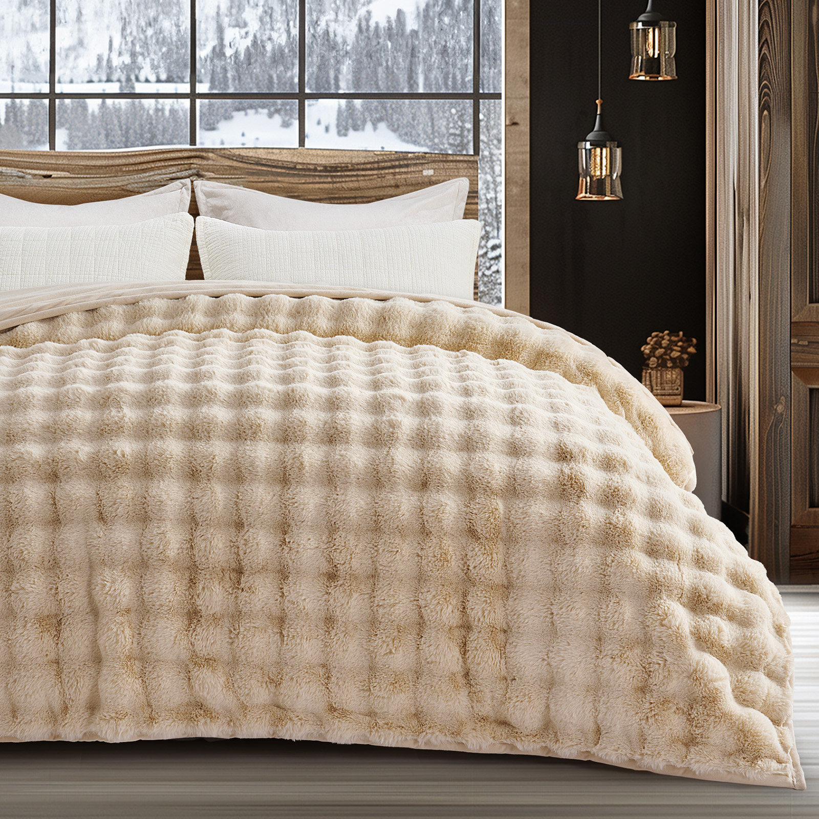 Faux Fur Weighted Throw Blanket, Beige, 90" L x 90" W