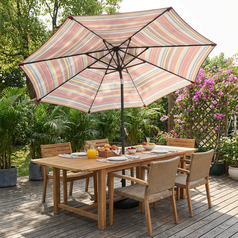 Grand parasol de patio extérieur avec éclairage DEL solaire et fonction d'inclinaison à bouton-poussoir, Rayures rouges