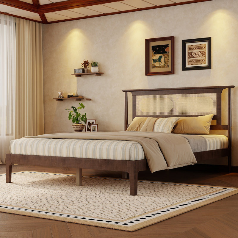 Lit plateforme en bois avec tête de lit et lattes, Grand lit, Noyer