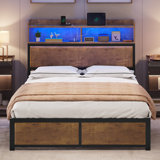 Bed Frame,LED With Headboard,USB Ports & Charging Outlets,Metal Platform Bed Frame With 2 Tiers Storage Shelves, No Box Spring Needed
