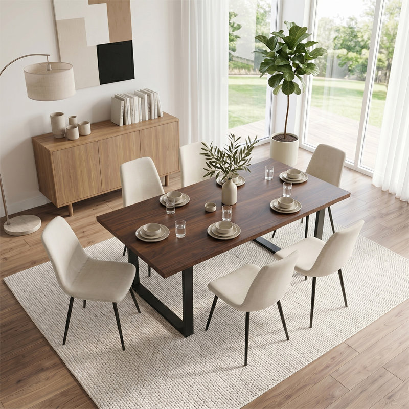 Ensemble de table de salle à manger rectangulaire moderne 71 po avec 6 chaises rembourrées, Beige
