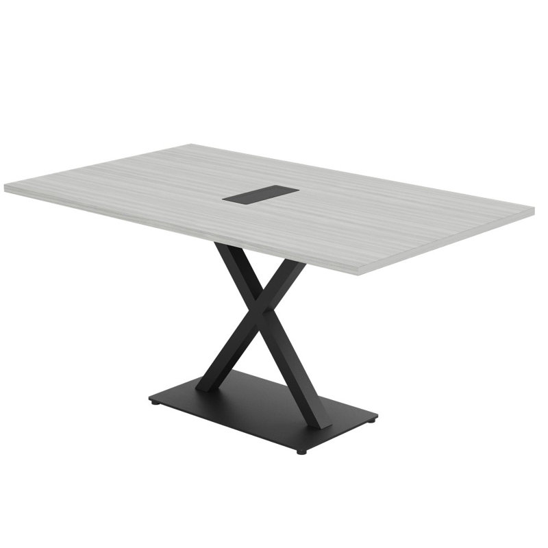 Table de conférence rectangulaire avec base en X en métal | Unité électrique, L 72 po x l 36 po, Cyprès blanc, Noir mat